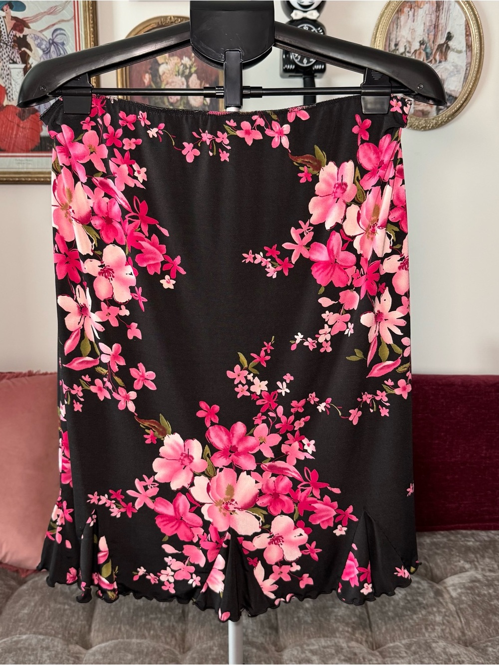 Fashion Bug Black and Pink Cherry Blossom Pattern Midi Skirt